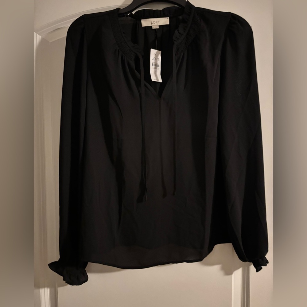 LOFT Black Blouse with Tie Neck